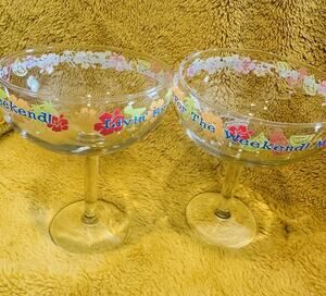 2 Margaritaville Livin for the Weekend Stemmed cocktail Glasses Floral Margarita